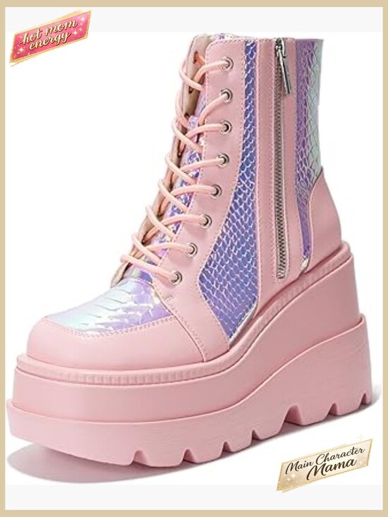 Shoes - Women's Platform Ankle Boots Chunky Block Heel Combat Style Zip Closure